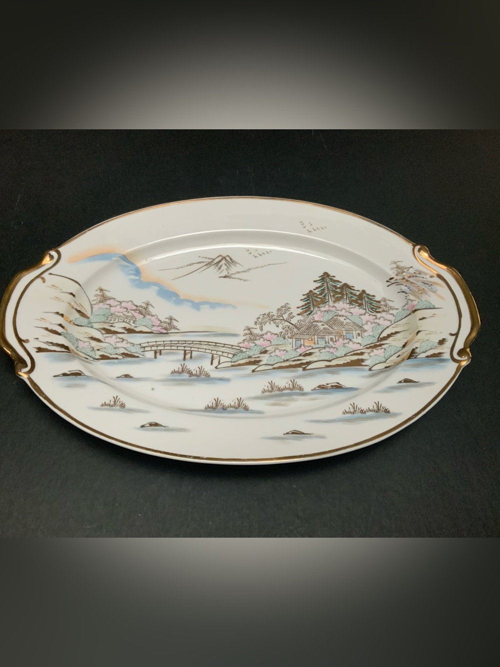 Vintage Hand-painted Kutani Porcelain 15” oval serving platter, Gold Trim, Japan